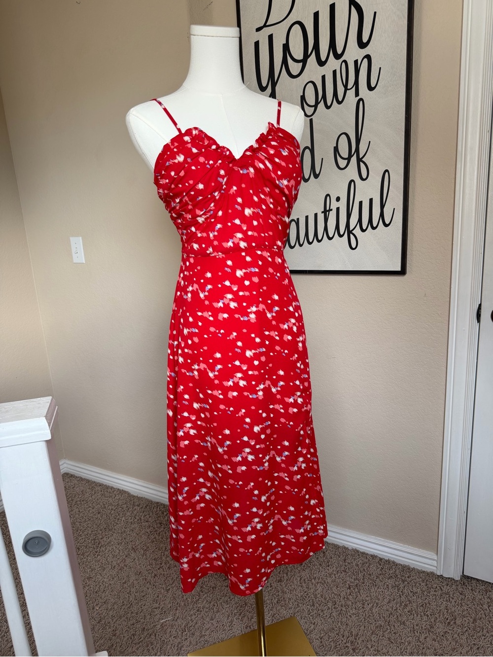 Red Floral Ruched Midi Dress Size M